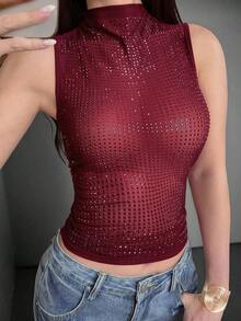 Camiseta ajustada de mujer de unicolor, con malla de cristales, transparente y sexy, para uso casual en verano - Rojo - Ver 11