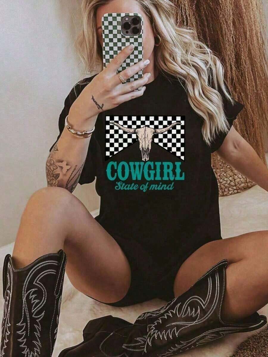 Sudadera de estilo vaquero para mujer con estampado de cuerno largo turquesa, sudadera de estilo cowgirl, sudadera de talla grande, camisetas para mujer, sudadera elegante y cálida, camisetas casuales de manga corta para hombre y mujer. - Negro - Ver 1