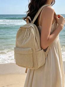 Solid Color Corduroy Fabric Fashionable Versatile Minimalist Backpack For Women - Khaki - View 10