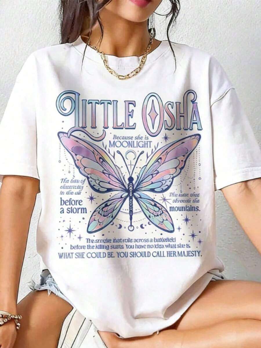 1 Piece Artsadd Little Osha Butterfly, Quick-SilverCallie Hart Merch, Saeris Fane Kingfisher Inspired, Unisex Oversized Fan T-Shirt, 180g 100% Cotton - 1-白色 - 查看 1