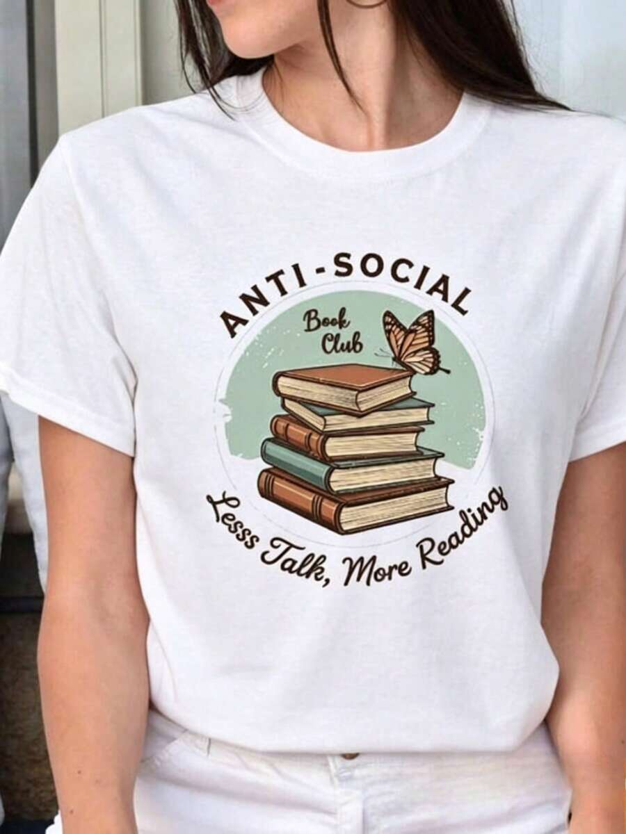 Anti Social Book Club T-Shirt, Book Club T-Shirt, Gift For Book Lovers, Gift For Bibliographers, Funny T-Shirt For Readers, Gifts For Bibliographers, Short Sleeve Thick Cotton T-Shirt, Classic Style, Graphic Print, Casual For Women - 白色 - 查看 1