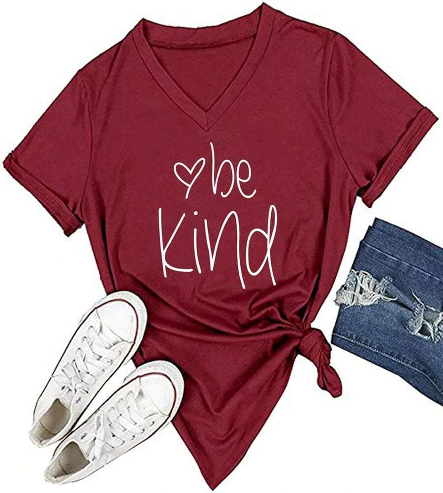 Camiseta de Mujer DANVOUY, Casual, de Algodón, Manga Corta, Cuello en V, con Estampado - Burdeos - Ver 1