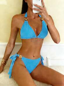 Traje de baño bikini de color sólido para mujer, sexy, ajustado, de dos piezas con cordones, ideal para vacaciones en la playa. - Blanco - Ver 8