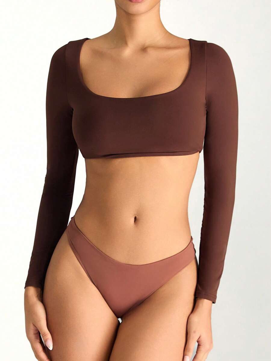 XLLAIS Top de base pour femmes en T-shirt blanc à col bénitier, manches longues à double couche haute élasticité, décontracté pour l'automne/l'hiver et le printemps - Café noir - Voir 1