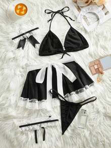 Plus-Size Classic Black-White Lace Patchwork Maid Costume-Piece Set Sexy Lingerie Sets Teddy Lingerie Babydoll Nightgown Lace Lingerie Sheer Mesh Lingerie Plus Size Valentines Lingerie Sexy Lace Babydoll Lingerie Set With Thong - 黑白 - 查看 4