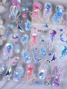 2pcs Holographic Jellyfish Mermaid Summer Ocean Nail Art Sticker Aurora Iridescent Sea Animals Nail Decals Whale Pearl Shell DIY Self Adhesive Manicure Decoration Salon Accessories Nail Stickers - Multicolor - View 6