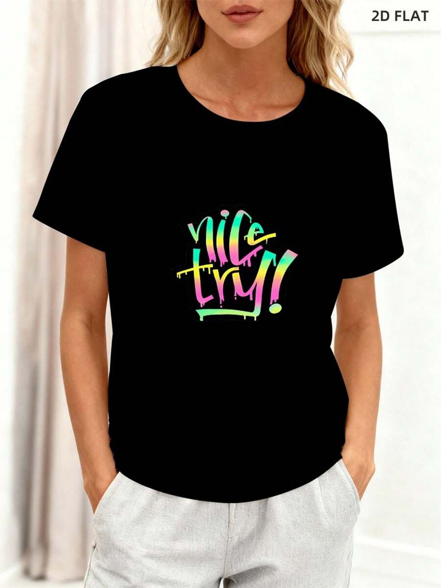 Camiseta de Mujer con Estampado de Graffiti "Nice Try" en Degradado de Neón, Estilo Moderno y Elegante, Transpirable, Ajuste Cómodo, Top Casual, Múltiples Colores y Tallas Disponibles, Perfecta para Uso Diario Casual y Salidas al Aire Libre - Camiseta Unisex de Algodón Holgada con Cuello Redondo y Estilo Vintage Urbano. - Negro - Ver 1
