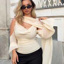 MewMuse.  2025 Elegante top de chaleco de color liso de gasa - Beis - Ver 1