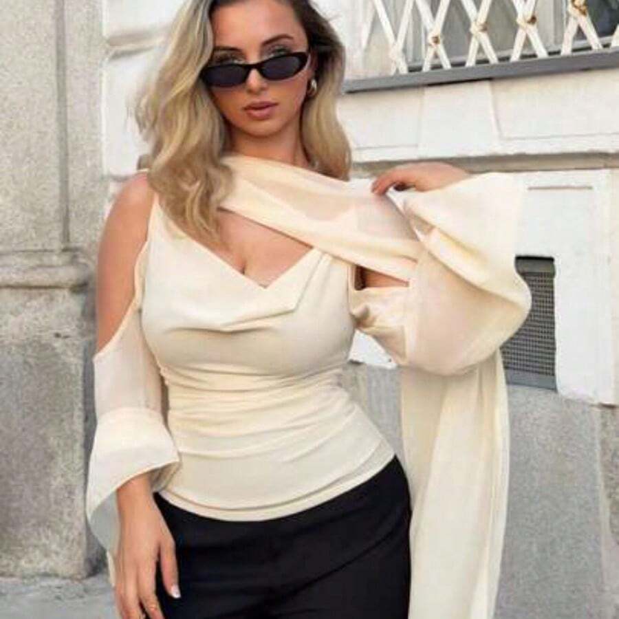 MewMuse. 2025 Elegante top de chaleco de color liso de gasa - Beis - Ver 1