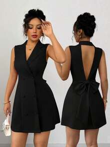 Nuevo vestido mini de mujer con diseño de lazo, de cuello de solapa, doble botonadura, escote en V profundo, sin mangas, ajustado, versátil para fiesta, cita, joven, elegante, pequeña y sexy - Negro - Ver 8