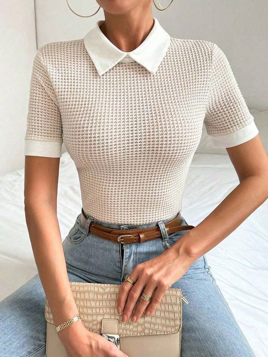 Camiseta casual de mujer con parches, de manga corta, versátil para ir al trabajo y salidas - Albaricoque - Ver 1