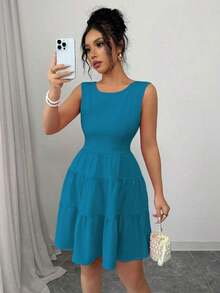 Vestido midi elegante para mujer de unicolor con cintura ajustada, sin mangas, con decoración de cadena y lazo - Azul 2 - Ver 5