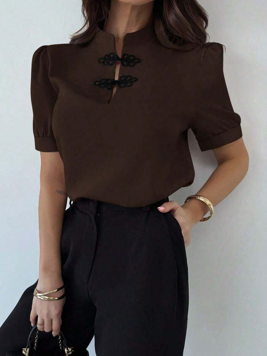 Nueva camisa elegante y romántica de botones con mangas abullonadas y contraste de colores para mujer, para primavera/verano - Café integral - Ver 1