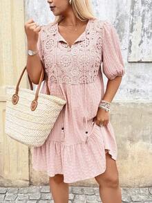 Vestido de verano casual con cuello redondo y pliegues para mujer de talla grande - Rosa - Ver 6
