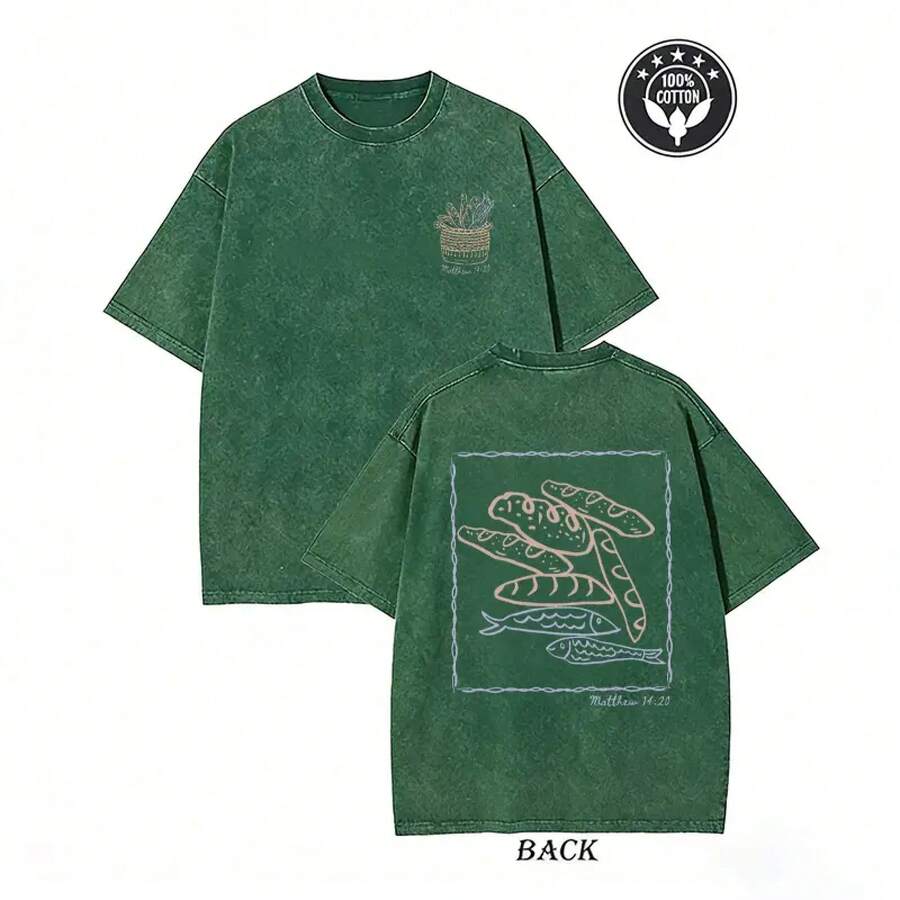 Camiseta "Pan y Peces" de Mateo 14:20 | Camiseta retro lavada con gráfico cristiano, camiseta bíblica de pan y pez | Camiseta Vintage Faith de Talla Grande con Efecto Lavado - Verde - Ver 1