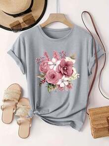 Talla Grande - Talla Grande - 0-8XL Talla Grande Moda Casual Camiseta Estampada Ropa de Mujer, Capa Base Moderna Salida Diaria Ropa Casual para Todas las Estaciones Camiseta de Manga Corta Multicolor Opcional Camiseta Anime Floral Rosa Suave de Mujer - Blusa Rosa Pastel - Gris Espacial - Ver 6