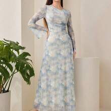 YijiaNvz  Vestido elegante de mujer con cuello redondo, mangas acampanadas y plisado en estilo tie-dye - amarillo ganso - Ver 6