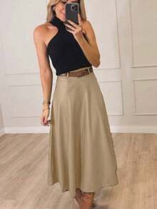 Women's Leather Skirt Gode Long High Waist 333 - Bege Escuro - 查看 1