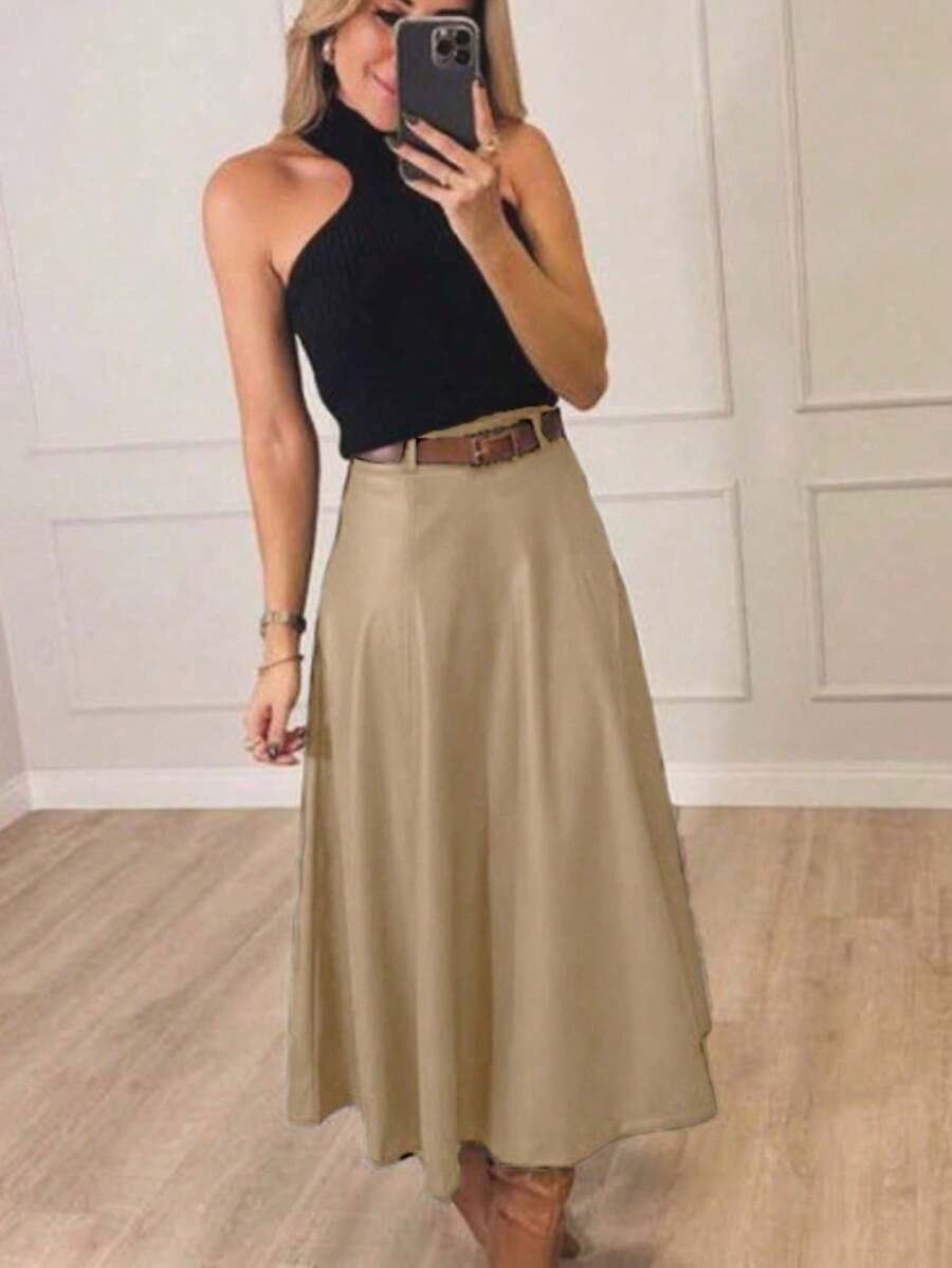 Women's Leather Skirt Gode Long High Waist 333 - Bege Escuro - 查看 1