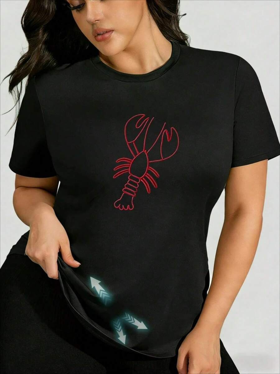 Camiseta de mujer de algodón manga corta cuello redondo estampado langosta moda urbana para México temporada cálida - Negro - Ver 1