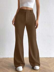 Pantalones acampanados de cintura alta de unicolor, casuales y versátiles para mujer - Marrón 2 - Ver 3