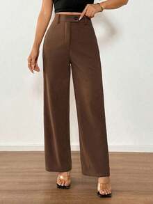 Pantalones rectos casuales de mujer de unicolor con cinturón - Café integral 2 - Ver 4