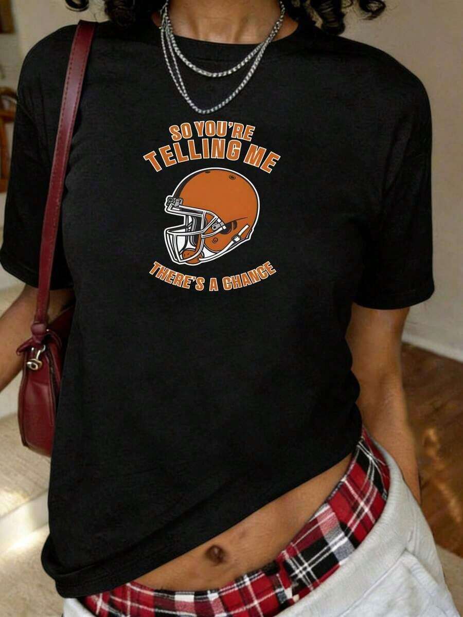 Camiseta con Estampado de Fútbol Americano Browns, Manga Corta, Cuello Redondo, Estilo Casual para Verano y Primavera, Ropa de Mujer - Negro - Ver 1