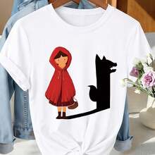 Camiseta Casual de Vacaciones para Mujer, Camiseta con Estampado de Caperucita Roja, Lobo Sombra y Cuento de Hadas Oscura, Manga Corta y Cuello Redondo, Adecuada para Primavera y Verano, Regalo Ideal para Cumpleaños o Fiestas, Camiseta Casual para el Trabajo, Camiseta Minimalista Estampada de Manga Corta para Oficina y Otoño. - Blanco - Ver 7