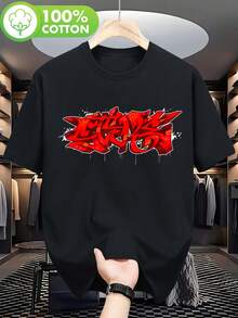 Stylish Red Graffiti Shirt, Hip-Hop T-Shirt - Black - View 2
