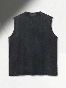 Men's Printed Vintage Washed Vest, Loose Fit, Casual Street Style, Daily Essential Item - Black - View 2