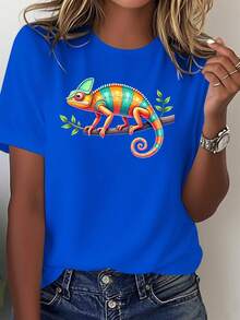 Camiseta de algodón puro para mujer con estampado de ramas de camaleón - Top casual suave y transpirable, con diseño realista de lagarto para uso diario, camiseta lavable a máquina, blusa casual para mujer. - Azul - Ver 7
