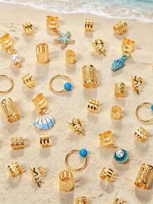 50Pcs Ocean Themed Hair Rings, Boho Seashell Starfish Hair Charms, Blue Crystal Beads Hair Hoops For Braids, Beach Vacation Mermaid Hair Accessories, Summer Hippie Hair Jewelry For Girls - Multicolor - View 4