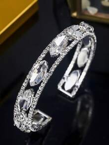 1 chiếc vòng tay mạ bạc đính đá Marquise, vòng tay hở đính pha lê cho đám cưới/tiệc tùng/cô dâu, trang sức sang trọng nổi bật. - Bạc - Xem 9