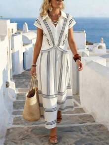 Holidaya Vestido casual y minimalista a rayas para mujer, adecuado para vacaciones - Azul marino - Ver 8