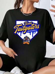 Camiseta Oversized de Béisbol Cultura Maya Texas Tailgaters para Mujer, Unisex, Casual, con Gráficos, Ropa Deportiva para Fanáticos, Atuendo de Verano para Eventos y Fiestas en el Día del Partido. Camiseta de Algodón. - Negro - Ver 1