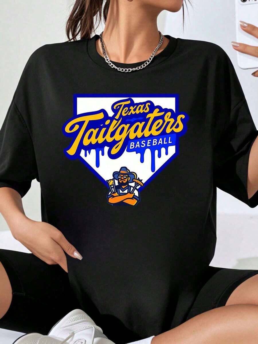 Camiseta Oversized de Béisbol Cultura Maya Texas Tailgaters para Mujer, Unisex, Casual, con Gráficos, Ropa Deportiva para Fanáticos, Atuendo de Verano para Eventos y Fiestas en el Día del Partido. Camiseta de Algodón. - Negro - Ver 1