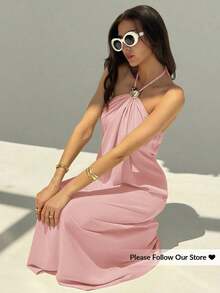 MEXAloruh Nuevo vestido largo con cuello halter, plisado, sin espalda, con decoración de bolas metálicas, talla grande, silueta favorecedora en color champánMEX RPH4 - Rosa Pálido - Ver 1
