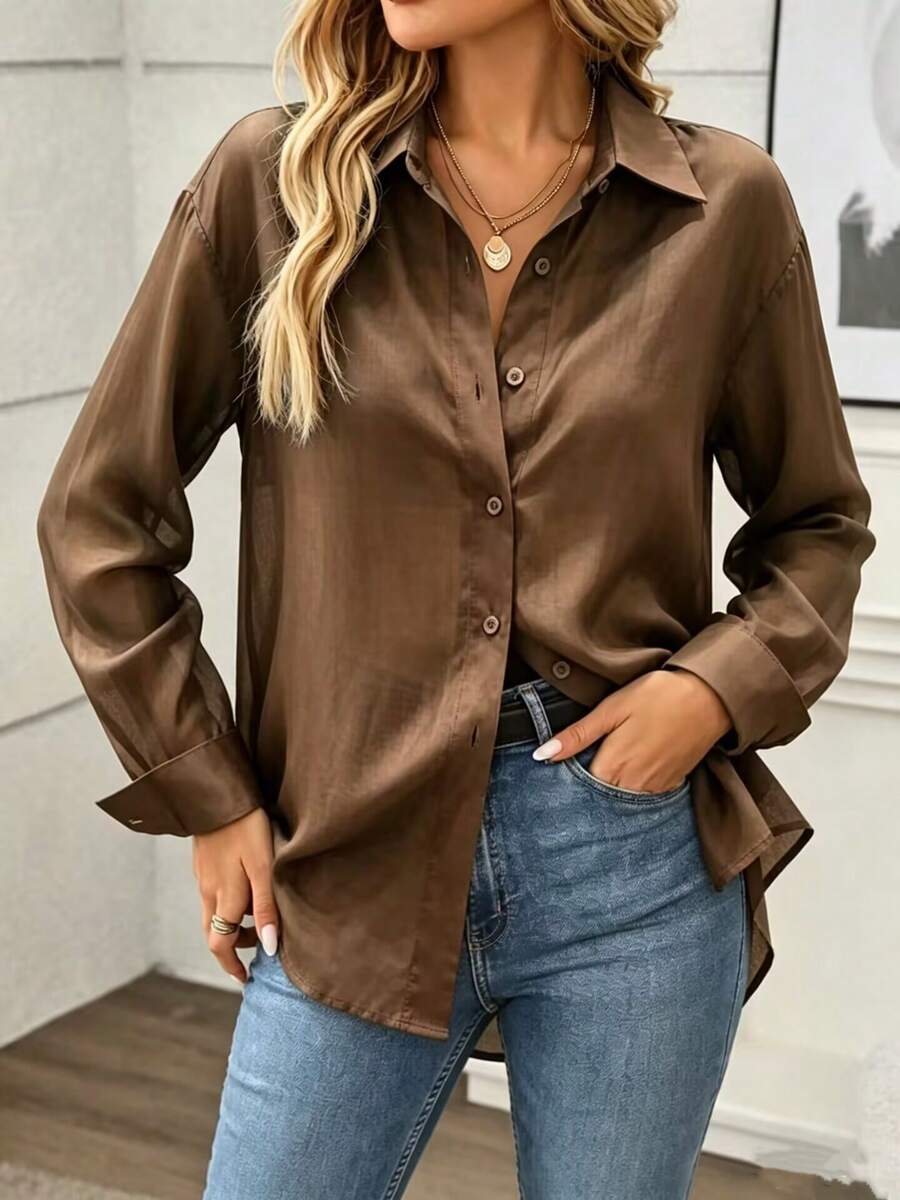 Women's Contrast Color Drop Shoulder Long Sleeve Front Button Casual Minimalist Semi-Sheer Shirt Spring - Brown - View 1