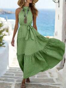 xheBreezaya Vestido largo con estampado de lunares, volantes en el bajo y cinturón para mujerxhe - Verde - Ver 5