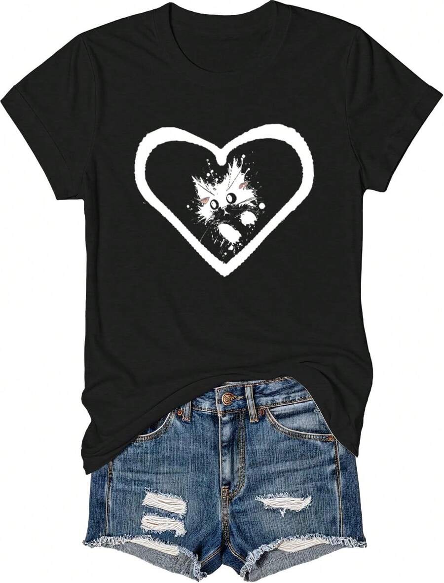 Cute Women's Cat And Heart Print T-Shirt, Soft Cotton Blend Fabric, Loose-Fitting Casual Summer T-Shirt For Everyday Wear And More - 0Negro - 查看 1