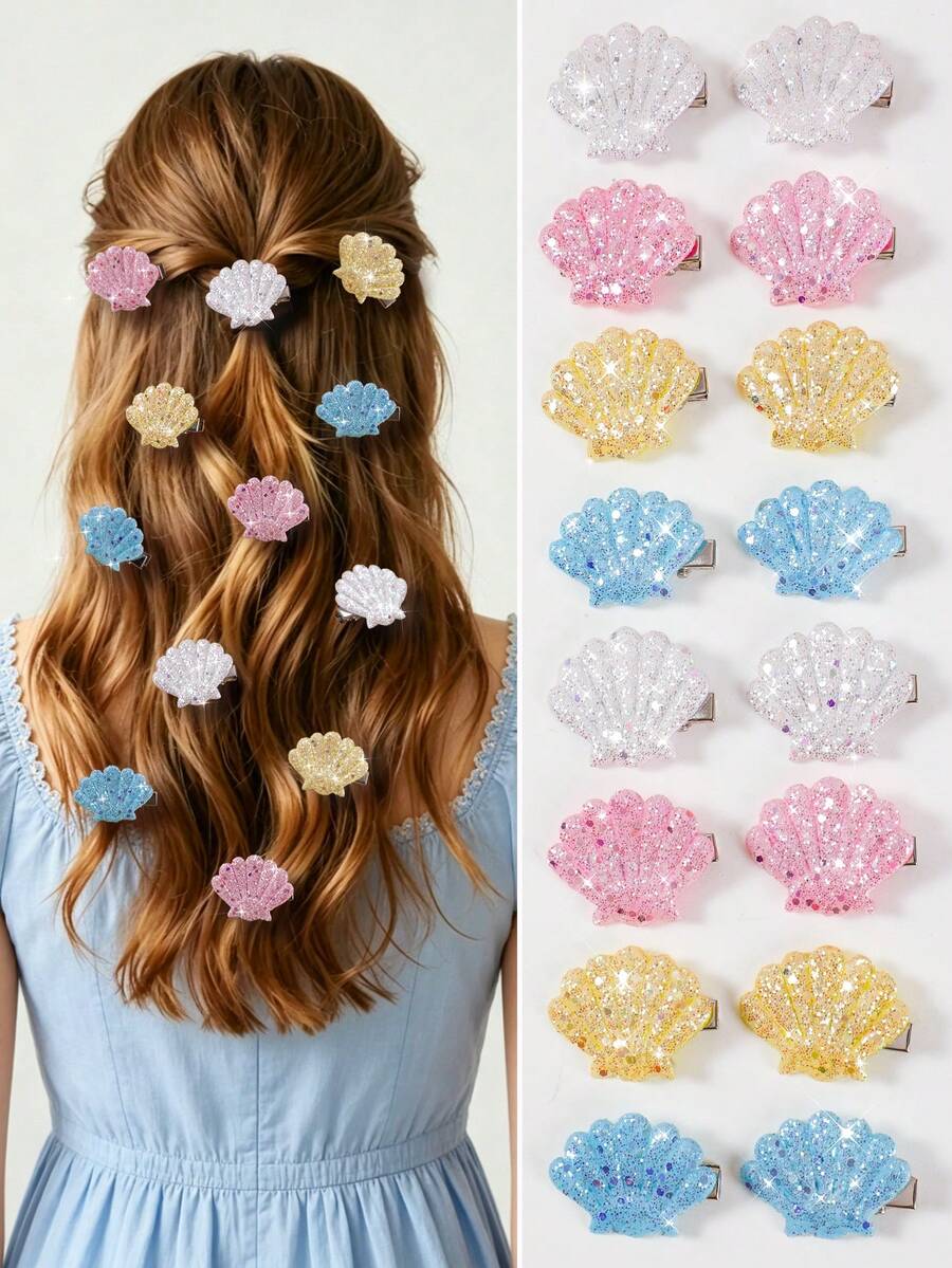 Set de 16 piezas de pinzas para el cabello con estilo de sirena, con conchas brillantes y coloridas, pinzas de pelo pequeñas y lindas de princesa para flequillo y pelos sueltos, accesorios para el cabello de uso diario - Multicolor - Ver 1