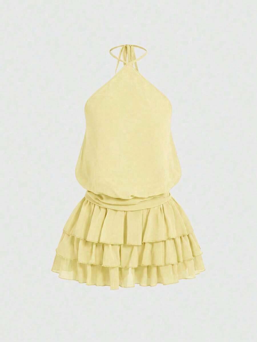 ROMWE Vestido mini con cuello halter, espalda descubierta y bajo con múltiples volantes - Amarillo - Ver 1