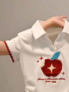 Camiseta casual versátil de mujer con cuello y mangas cortas, plisada y de unicolor - Blanco 3 - Ver 4