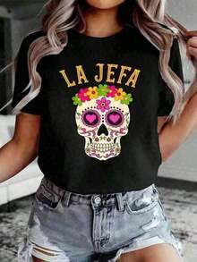 Camisetas De Mujer AlgodóN Conjunto Vintage Para El DíA De La Madre, Ropa De San ValentíN Para Mujer, Camiseta De Navidad Para Mujer 100% AlgodóN, Camiseta Con Estampado De Calavera De AzúCar "La Jefa" Para El DíA De Los Muertos, Camiseta Casual De Manga Corta Con Cuello Redondo Para Mujer Y NiñAs, Camiseta CóModa Para Primavera Y Ropa De Mujer, Vestido , Ropa De San ValentíN, 100% AlgodóN, Camisetas Frescas De Mujer, Moda - Negro - Ver 7
