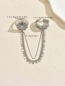 1 pezzo Anello regolabile in stile lussuoso con catena a nappe con fiori e paillettes placcato oro in rame, adatto per accessori da donna per matrimonio, banchetto, festa - Argento - Visualizzare 2