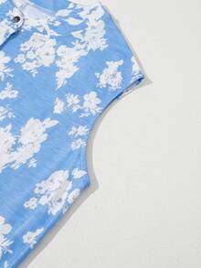 Acelitt Mono suelto sin mangas con estampado de no me olvides y media botonadura para vacaciones de verano - Celeste - Ver 6