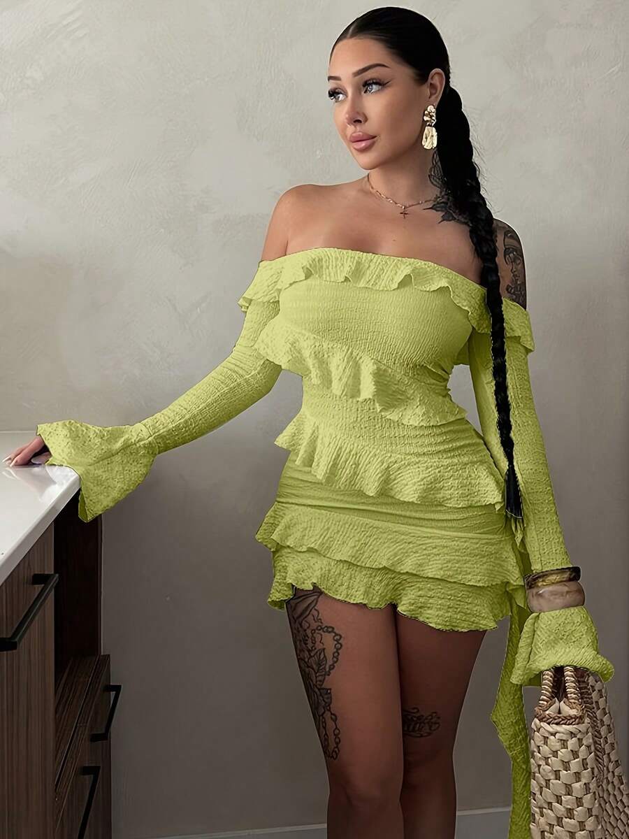 Vestido de Fiesta Sexy para Mujer - Hombros Descubiertos, Mangas Largas Acampanadas, Mini Ajustado y No Transparente para Salidas Nocturnas o Eventos Formales - Traje de Otoño para Fiestas y Cenas - Amarillo - Ver 1