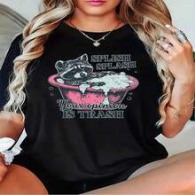1 pieza de playera  para hombre y mujer, 100% algodón puro, cuello redondo casual con estampado, manga corta transpirable para uso diario, modelo femenino con dise?o de espuma de ba?o - Negro - Ver 2