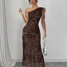 guang zhou mi qian shang mao  Vestido maxi sin mangas con abertura alta y estampado floral elegante de malla para mujer - Café integral - Ver 6
