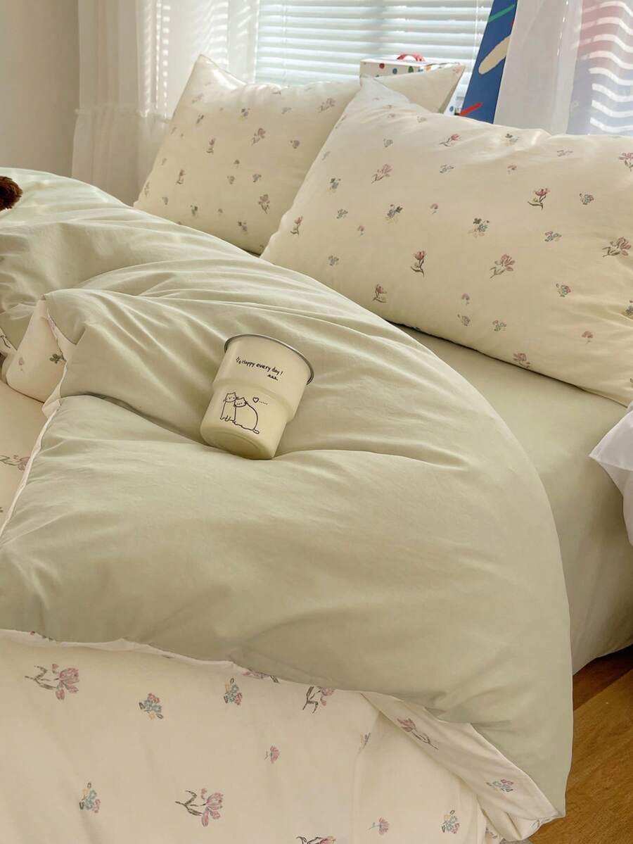 Bộ ga trải giường 2 món bằng polyester in họa tiết hoa, thoáng khí, có thể giặt được, trang trí phòng ký túc xá cho bé trai và bé gái (Bộ vỏ gối, không bao gồm ruột gối) - Nhiều màu - Xem 1